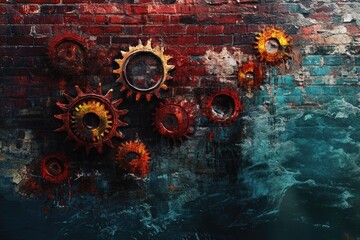 Rusty gears affixed to a weathered brick wall, steampunk aesthetic, grunge texture.