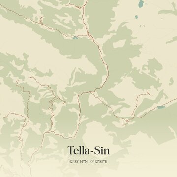 Retro Spanish map of Tella-Sin, Arag�n. Vintage street map.