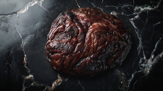 Glazed meat roast on dark marble surface.