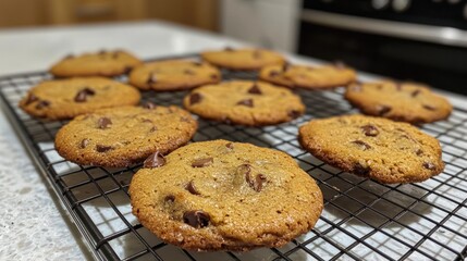 Delicious homemade chocolate chip cookies cooling on a wire rack.