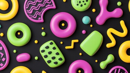 Colorful abstract shapes on black background.