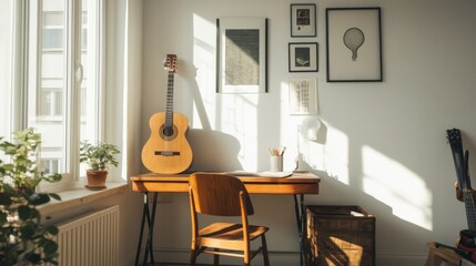 Sunny room with guitar, desk, chair, and plants.
