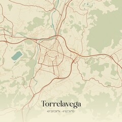 Retro Spanish map of Torrelavega, Cantabria. Vintage street map.