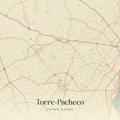 Retro Spanish map of Torre-Pacheco, Regi�n de Murcia. Vintage street map.