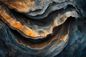 Layered rock formation with hues of orange, gray, and black, showcasing intricate geological patterns.