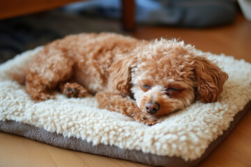 maltipoo puppy sleeping. red puddle dog at home, close up. 