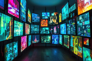 Futuristic room filled with multiple glowing neon screens displaying data