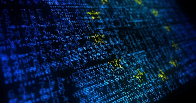 EU European Union USA flag waving secure code. Europe blowing banner cyber security attack and hack concept animation.