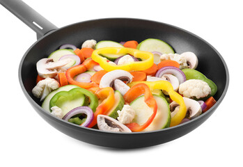 Frying pan with mix of vegetables and mushrooms in air isolated on white