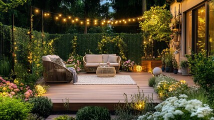 Cozy wooden terrace in a lush garden with a modern home in the background. The terrace is decorated with green fencing, white outdoor furniture, and string lights.