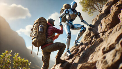 An autonomous robot AI agent helping a human hiker symbolizing agentic teamwork and collaboration using autonomy for enhanced productivity and success as a team