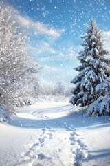 Fototapeta premium Snowy landscape with a path leading to a tree. The snow is falling and the sky is blue