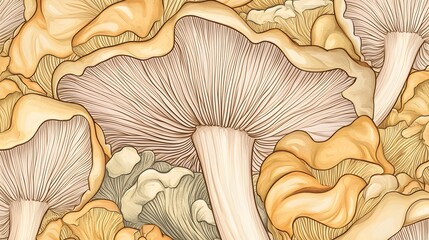 Detailed illustration of various mushrooms, close-up view of mushroom caps and stems, autumnal harvest theme, botanical art