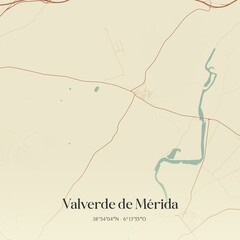 Retro Spanish map of Valverde de M�rida, Extremadura. Vintage street map.