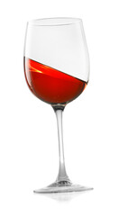 Rose wine splashing in glass on white background