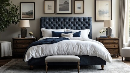 Fototapeta premium Elegant Blue Velvet Bedroom With Wooden Accents