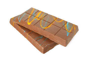 Two Dubai chocolate bars with pistachio and knafeh isolated on white