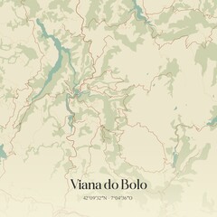 Retro Spanish map of Viana do Bolo, Galicia. Vintage street map.