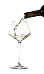 Pouring wine into glass on white background