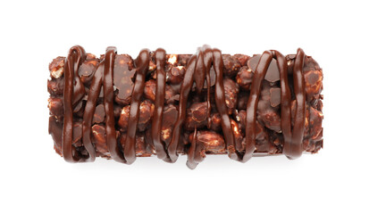 Delicious chocolate puffed rice bar isolated on white, top view