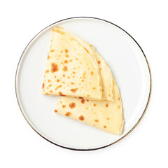 Delicious folded crepes isolated on white, top view