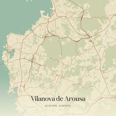 Retro Spanish map of Vilanova de Arousa, Galicia. Vintage street map.