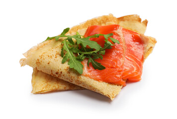 Delicious crepes with salmon and arugula isolated on white