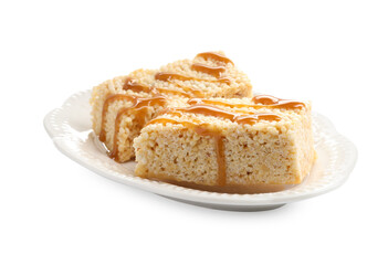 Delicious caramel puffed rice bars isolated on white