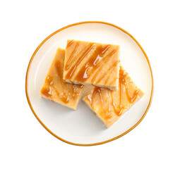 Delicious caramel puffed rice bars isolated on white, top view