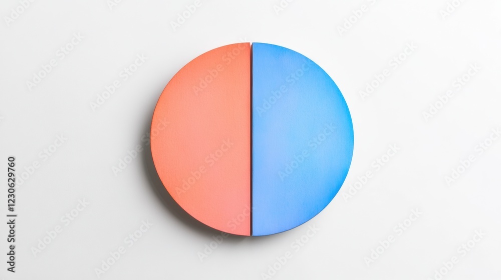 Poster abstract circular art piece divided into pink and blue halves displayed on a minimalist background. 