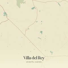 Retro Spanish map of Villa del Rey, Extremadura. Vintage street map.