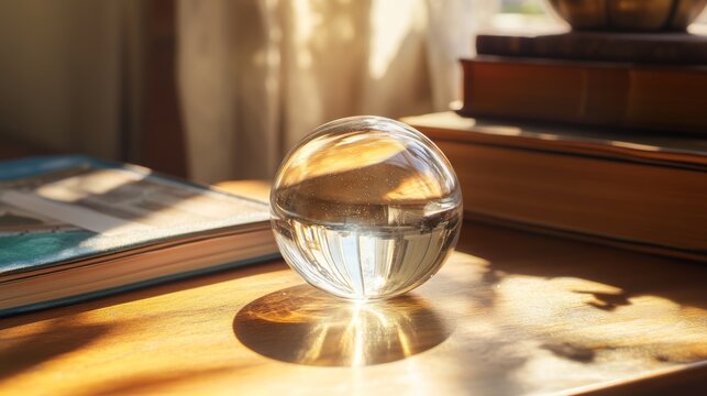 A clear ball sits on a table next to a book. The table is made of wood. The book is open and has a blue cover