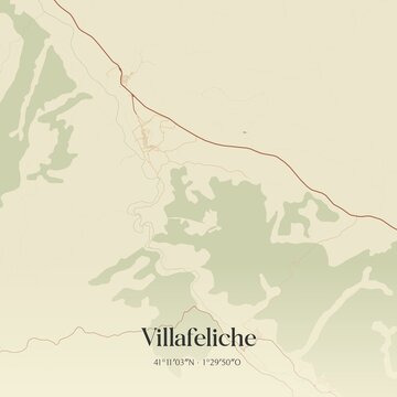 Retro Spanish map of Villafeliche, Arag�n. Vintage street map.