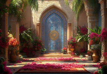 A Sunlit Ornate Hallway with a Large Blue Door, Surrounded by Vibrant Flowers and Foliage

