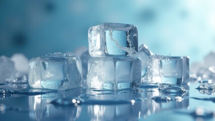 Fresh ice cubes melting in a row on a reflective wet surface with water droplets	