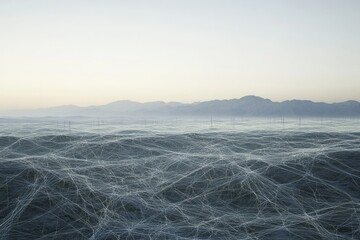 Vast, undulating landscape under a pale sky, crisscrossed by a complex network of thin lines resembling a spiderweb.