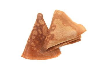 Delicious chocolate crepes isolated on white, top view