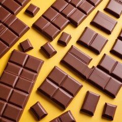 Naklejka premium Chocolate bars on yellow background, closeup, space for text, copy space 