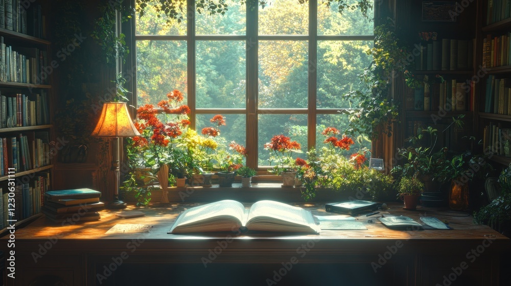Poster sunlit study with open book and abundant plants