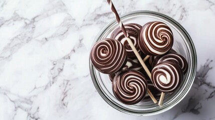 Swirled chocolate lollipops in a glass bowl.