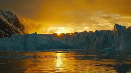 Golden sunset over a glacier.