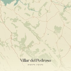 Retro Spanish map of Villar del Pedroso, Extremadura. Vintage street map.