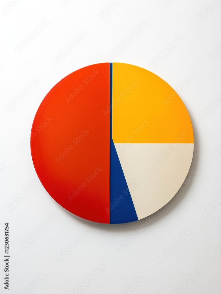 Poster round wall art with geometric design in vibrant colors hanging against a white background in an indo