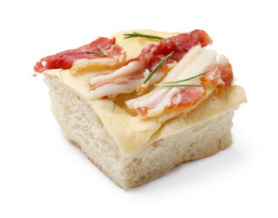 Piece of focaccia bread with bacon and rosemary isolated on white