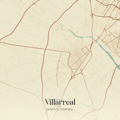 Retro Spanish map of Villarreal, Comunidad Valenciana. Vintage street map.