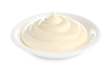 Tasty mayonnaise sauce in dish isolated on white