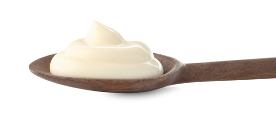 Tasty mayonnaise sauce in wooden spoon isolated on white