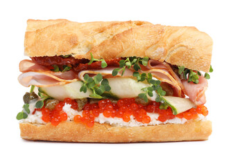 Delicious baguette sandwich with caviar, ham and capers isolated on white