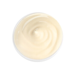 Tasty mayonnaise sauce in bowl isolated on white, top view