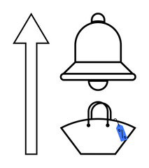 Upward pointing arrow, alert bell, and shopping bag with blue price tag. Ideal for progress, alerts, notifications, shopping, sales direction retail concepts. Minimalistic black line art